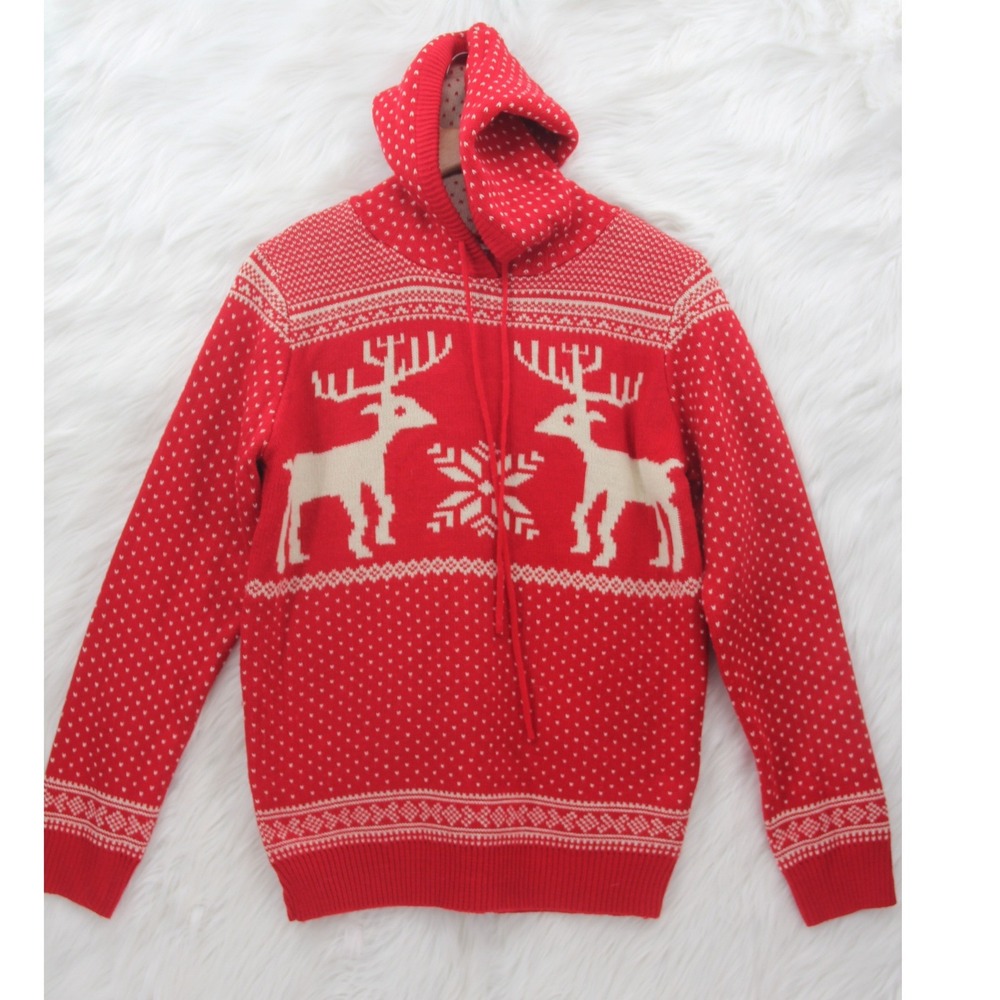 V-28 RED HOLIDAY SNOWFLAKES REINDEER PULLOVER /HOOD MERRY CHRISTMAS SWEATER L